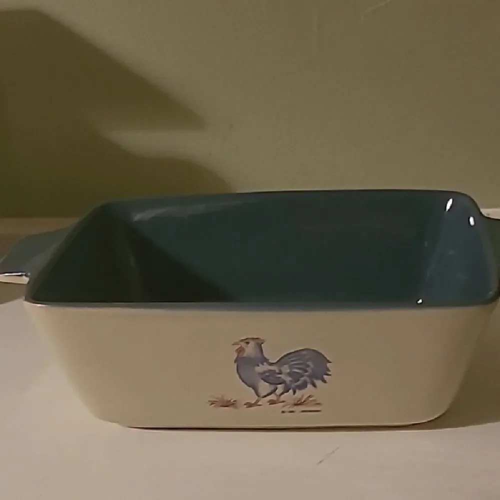 Ceramic Baking Dish with Rooster Design - Blue and Cream